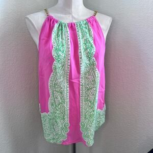 Lilly Pulitzer Riviera pink green gold chain blouse women small top 100 silk
